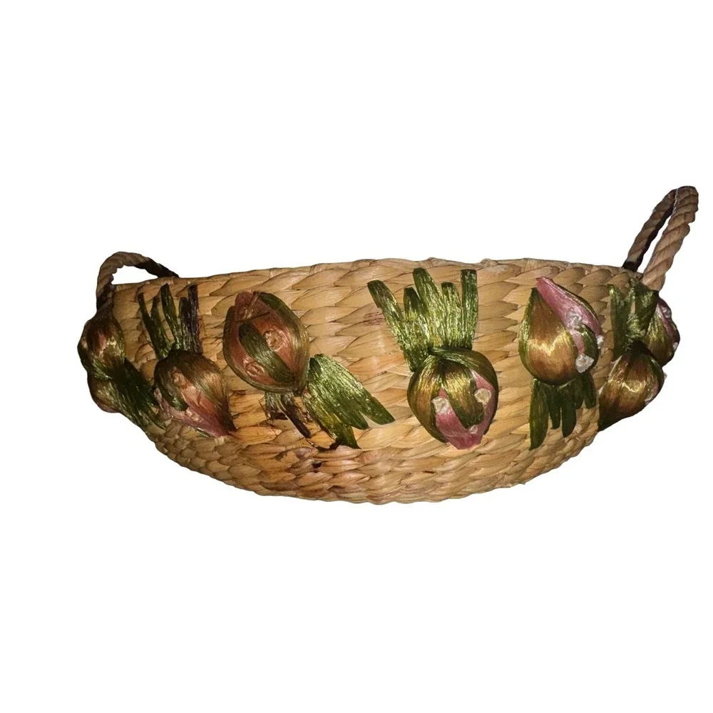 Vintage Woven Raffia Straw Round Casserole Basket With Fruit Accents Handles